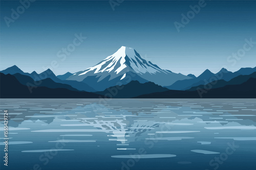 Glacial lake with icy mountains in background vector illustration