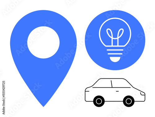 Blue pin with a cutout, light bulb in a circle, and car outline. Ideal for navigation, innovation, transport, mobility, logistics, idea sharing simple landing page