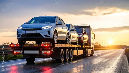 Car Carrier Truck Transporting Vehicles on Highway at Sunset with Auto Industry.