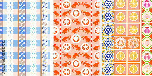 Collection of diverse seamless patterns featuring geometric shapes and organic motifs