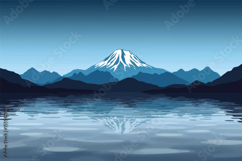 Glacial lake with icy mountains in background vector illustration
