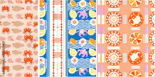 Vibrant summer patterns featuring crabs citrus fruits flowers and abstract shapes