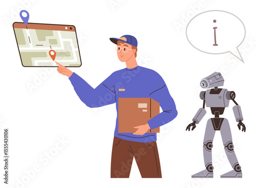 Worker pointing to map on tablet while holding box, robot assistant standing beside. Ideal for logistics, technology, automation, delivery services, navigation, AI innovation teamwork. Simple flat