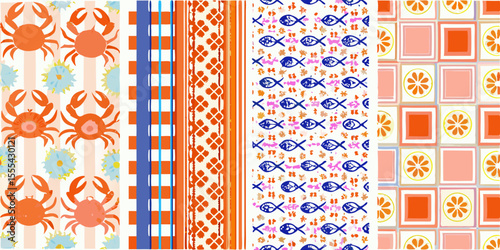 Collection of five vibrant summer themed seamless patterns with nautical and fruit motifs