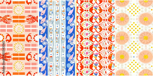 Collection of five distinct seamless patterns with vibrant colors and playful motifs
