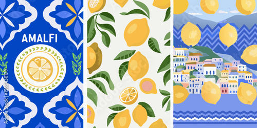 Amalfi coast italian village scene with lemons and blue tile pattern