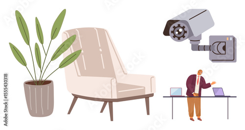 Armchair near potted plant, wall-mounted security camera, and professional working at desk. Ideal for security, monitoring, workplace concept, interior design, modern office, productivity simple