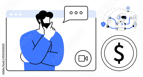 Man contemplating with speech bubble, AI multitasking robot, dollar sign, and video call interface. Ideal for technology, finance, decision-making, innovation, online communication artificial