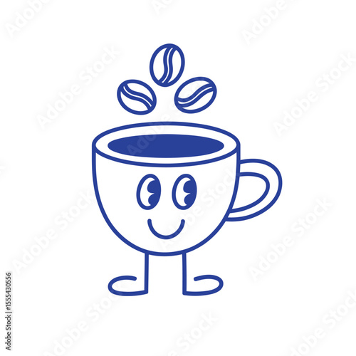 Cute cartoon coffee cup character with happy face and coffee beans
