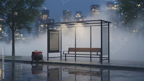 Generator Set at Foggy Bus Stop Overlooking City at Night