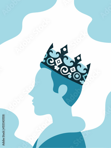 Flat vector illustration of a human head silhouette with a crown, symbolizing leadership, intelligence, and success. Perfect for use in branding, business, education, or personal development themes.
