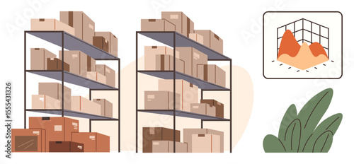 Organized warehouse racks with packed boxes and inset showing 3D inventory data. Ideal for logistics, ecommerce, inventory management, data analytics, business planning, supply chain, storage