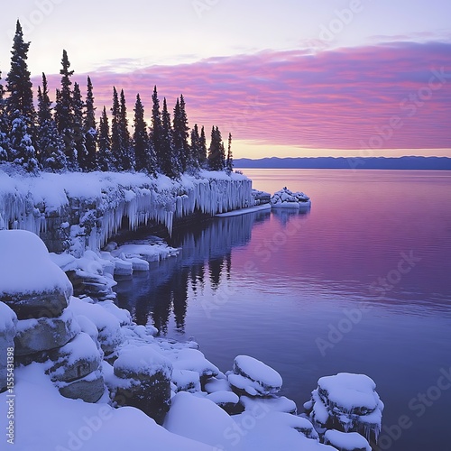 Tranquil Frozen Coastline: Winter's Embrace on a Serene, Purple-Hued Shoreline