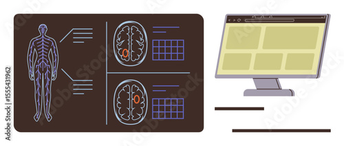 Human anatomy diagram, brain scans with data grids, computer screen showcasing digital analysis layout. Ideal for healthcare, medical research, diagnostics, AI in medicine, neurology, health tech