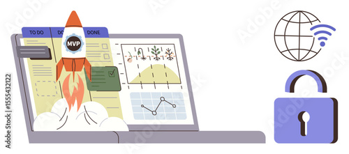 Rocket launch beside task board and analytics on laptop screen, global connectivity icon, secure lockpad. Ideal for startup planning, product launch, innovation, cybersecurity, analytics, workflow