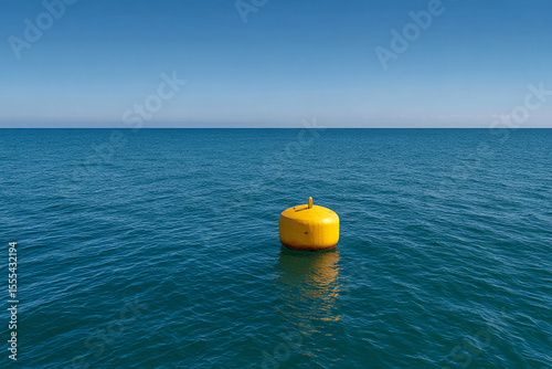 Bright yellow buoy floating on calm blue sea under a clear sky, navigation marker in open ocean