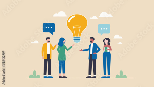 Diverse team collaborating on a bright new idea with speech bubbles and a lightbulb