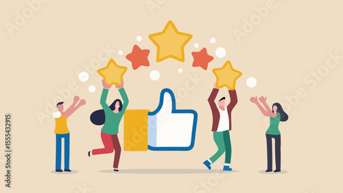People celebrating with stars and a large thumbs up icon