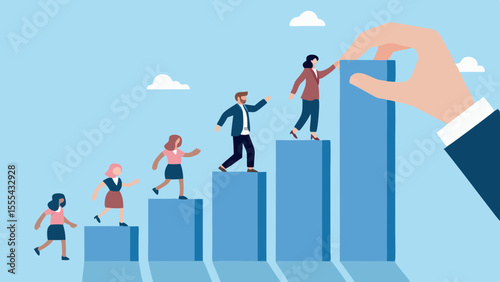 Diverse team members ascend a blue bar graph with a helping hand at the top