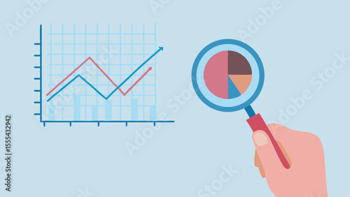 Hand holding magnifying glass over financial charts and graphs with upward trend
