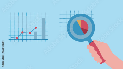 Hand holding magnifying glass over pie chart next to line and bar graph