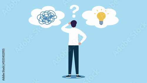 Man contemplating a complex problem versus a bright idea in thought bubbles