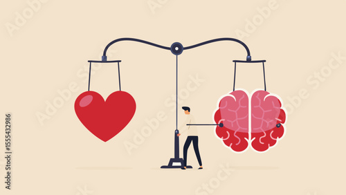 Man balancing a heart and a brain on a scale representing emotional and logical decisions