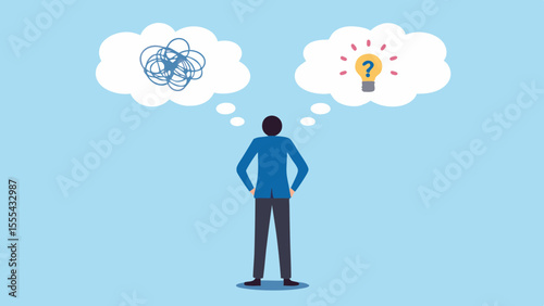 Person contemplating a complex problem versus a clear solution or idea