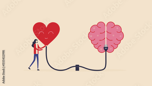 Woman holding a heart connected by cable to a brain illustration