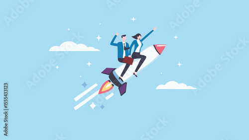 Two business professionals riding a rocket ship soaring through the sky