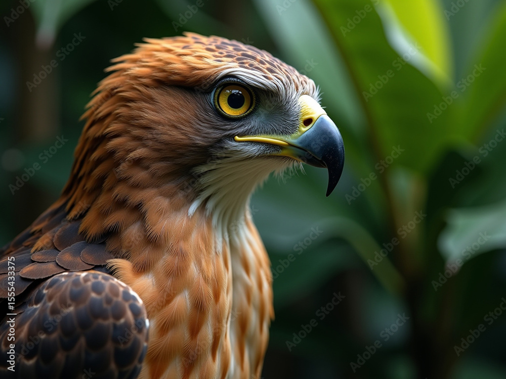 Fototapeta premium Hyperrealistic Macro Close-up of Javan Hawk-Eagle's Piercing Yellow Eyes and Intricate Feather Details