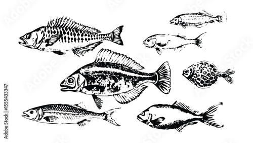 Fish Anatomy Icon Pack in Stipple Ink Style. Black and White Vector Collection of Detailed Marine Biology Elements. Vintage Engraving Set