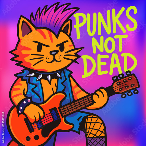 Punks not dead. Cute cat guitarist with mohawk. Bright vector poster