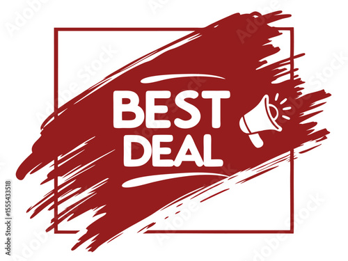 Vector  best deal promotion displayed on a red brush stroke with a megaphone icon inside a square border frame design