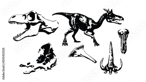 Dinosaur Anatomy Icon Pack in Stipple Ink Style. Black and White Vector Collection of Prehistoric Skeletons. Vintage Paleontology Illustration Set