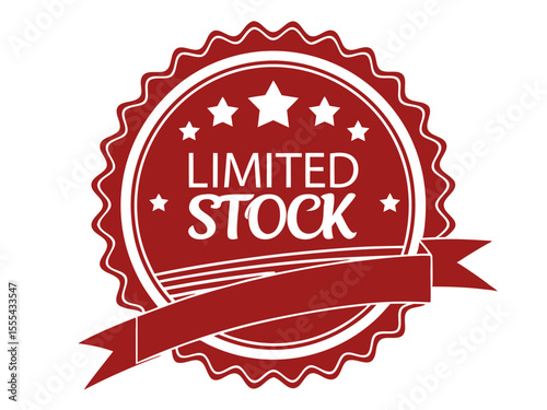 Vector  illustration of a red and white limited stock badge with stars and a decorative ribbon banner design