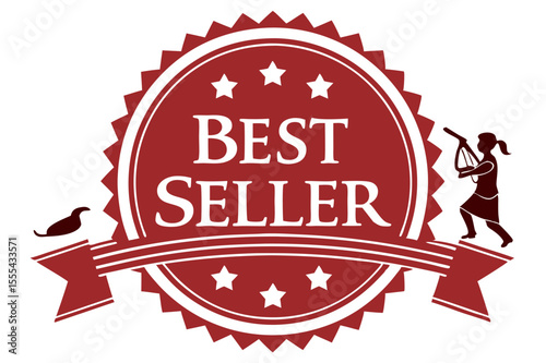 Vector  illustration of a best seller badge with a girl figure holding a tool and a bird on a white background