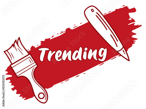 Vector  trending text with paintbrush and pen on red paint stroke for creative design and artistic expression