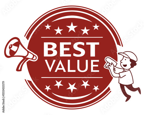 Vector  illustration featuring best value text inside a red circle with stars and megaphone with a character holding one