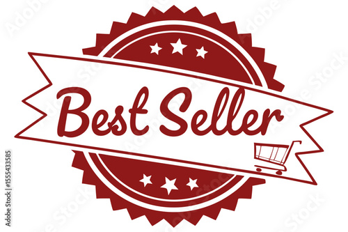Vector  illustration of a best seller badge with stars and a shopping cart in red color on a white background
