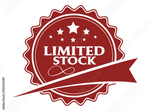 Vector  illustration of a red and white limited stock badge with stars and a ribbon on a white background design