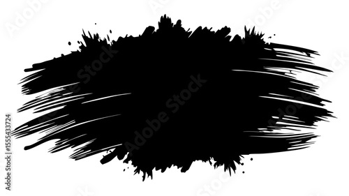 Vector  black ink splodge with brush stroke texture and jagged edges creating an abstract design element effect