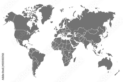 Vector  world map illustration showing continents and countries in grey against a white background design art