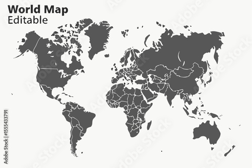Vector  detailed world map illustration showing continents and country borders in a simple gray and white design