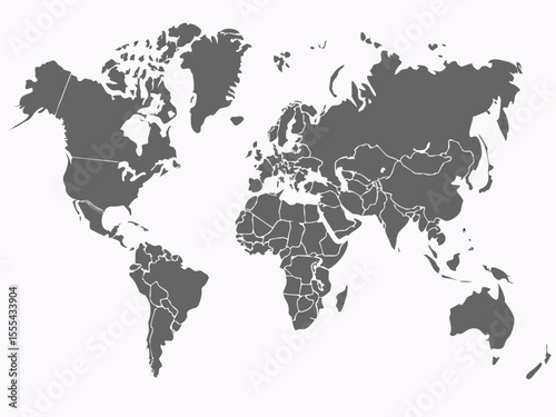 Vector  world map illustration showing continents and country borders in gray against white background detailed