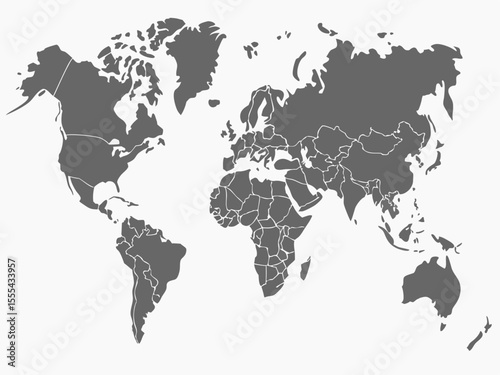 Vector  gray world map illustration showing continents and country borders on a white background design vector