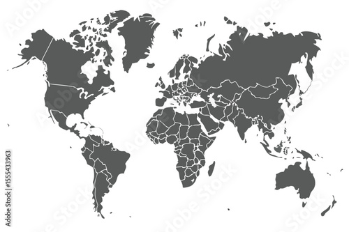 Vector  detailed world map illustration with continents and country borders in gray color on white background
