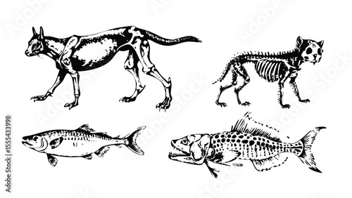 Animal Anatomy Illustration Set in Stipple Ink Style. Black and White Vector Collection of Skeletons and Organs. Vintage Biology Textbook Drawings photo