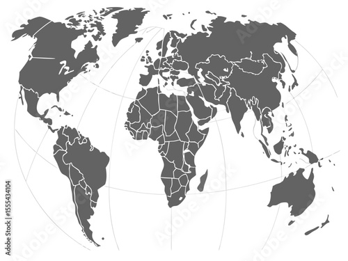 Vector  gray world map projection showing continents and country borders with grid lines on a white background
