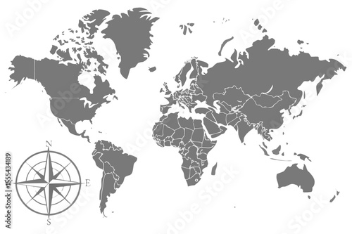 Vector  gray world map with visible country borders and a compass rose indicating directions in the lower left corner